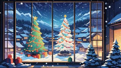 The primary subject of the image is a beautifully decorated Christmas tree. The setting is a snowy village, with a mountainous background visible through the windows. The visual style is a combination of digital art and illustration, creating a warm and festive atmosphere. The colors predominantly include shades of white, red, and green, which are commonly associated with Christmas decorations and snowy landscapes.